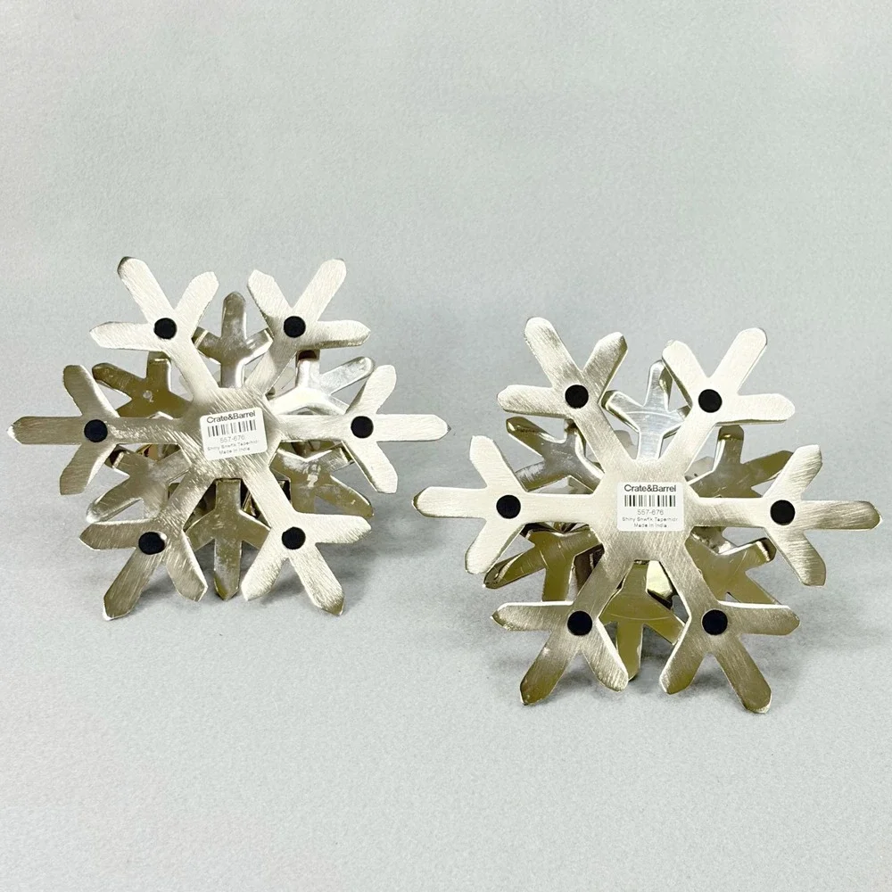 Crate & Barrel Pair Shiny Snowflake Taper Candle Holders Silver Festive Holiday